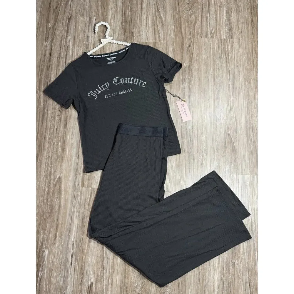 Juicy Couture NWT 2PC Short Sleeve Top & Long Pants Pajama Set, BLACK - MEDIUM
